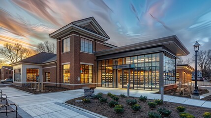 community library with a traditional brick design, updated with energy-efficient windows and a modern glass entrance
