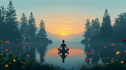 Serene meditate illustration with nature elements, ideal for wellness and mindfulness themes, featuring a peaceful person in a meditation pose, surrounded by nature elements like trees and water.