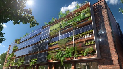 conceptual rendering of a "living" brick building whose siding is integrated with solar panels and green plant walls for sustainability