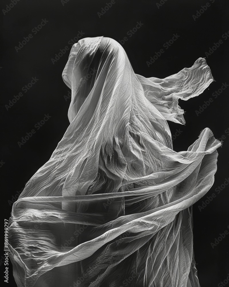 Wall mural the folds and wrinkles of a velvet cape are illuminated in a dramatic black and white photo evoking 