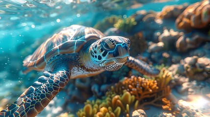 Obraz premium Sea turtle swimming over coral reef, underwater view. Marine life and ocean wildlife concept