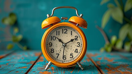 Vintage alarm clock illustration, ideal for time management and retro themes, depicting an old-fashioned alarm clock with twin bells on top, showing the time with bold numbers and hands.