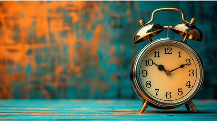 Vintage alarm clock illustration, ideal for time management and retro themes, depicting an old-fashioned alarm clock with twin bells on top, showing the time with bold numbers and hands.