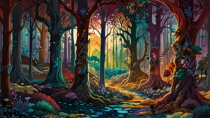 illustration of an abstract depiction of a magical fantasy wonderland forest