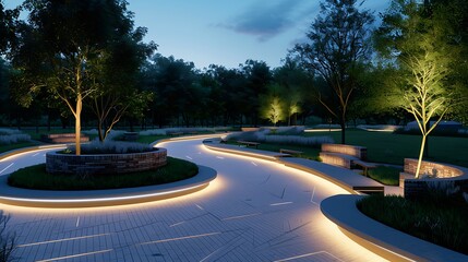 contemporary public park with winding paths lined by modern brick walls, incorporating seating areas and LED lighting for nighttime ambiance