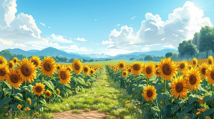 Obraz premium Bright sunflower field illustration with a clear sky, perfect for summer and nature themes, showcasing a vast field of blooming sunflowers under a bright blue sky and sunshine. Illustration,
