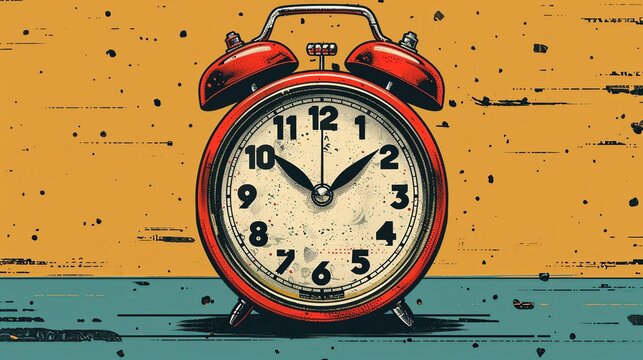 Classic alarm clock illustration with vintage design, suitable for time management and retro themes, depicting an old-fashioned alarm clock with bold numbers and a vintage look. Illustration,