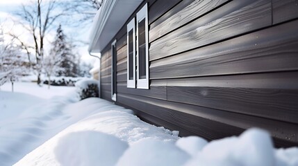 detailed view of vinyl siding in dark espresso, with the snow highlighting its elegant and sophisticated finish, perfect for a classy winter aesthetic