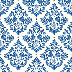 Elegant seamless blue floral damask pattern on white background, perfect for textile, wallpaper designs.