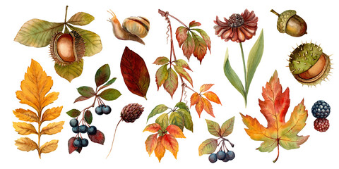 Autumn vibes watercolor set of leaves. Isolated floral illustration of vivid detailed hand drawn botanical art. Gold fall clip art for package design, collage, greeting card and seasonal invitation.  © NadyaSaen 