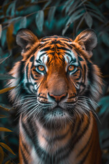 animal by ai // tiger in the jungle portrait, majestic, eyes glowing intense ganze and fur patterned in vibrant organge and black stripes, lush green foliage background, photorealistic // ai-generated