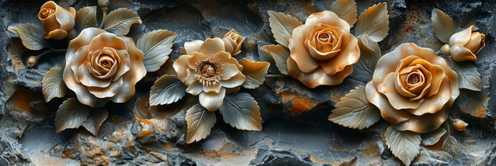 panel wall art, wall decoration, marble background with flowers designs