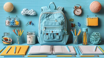 Lively back to school supplies illustration, ideal for educational materials and kids' activities, showing a variety of school supplies like pencils, notebooks, and a backpack, ready for a new school