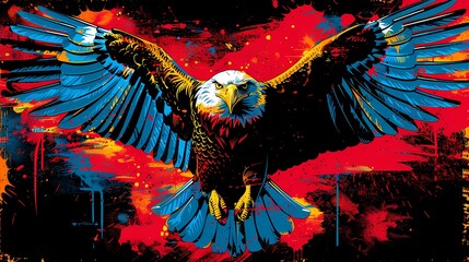 Majestic soaring eagle vector graphic, with a majestic golden solid fill and sweeping wing patterns in royal blue, comic book inspired style, dynamic and regal, perfect for patriotic themes or luxury