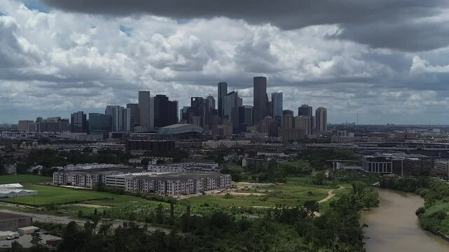 Downtown Houston, Texas during sunset from a drone