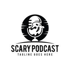Scary Podcast logo design. Abstract microphone and scary ghost combination logo concept.