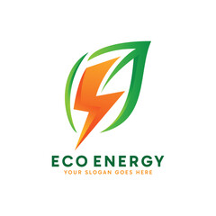 Eco Energy logo design. Abstract Green leaf combined with lightning logo concept. Creative environment logo idea.