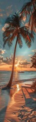 Palm tree on the beach with a boat in the background, travel concept