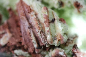 Macro shot of freezer burn chocolate mint ice cream texture