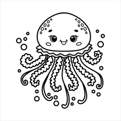 Cute cartoon smiling jellyfish with bubbles. Black and white outline vector Illustration. Children's coloring page book