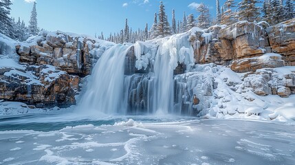A majestic frozen waterfall cascading over rocky cliffs, surrounded by snow-covered pine trees and ice formations, capturing the serene beauty of a winter wonderland in high-resolution detail.