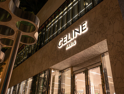 Celine sign at night, Miami Design District Florida, USA - 6/18/2024: The storefront sign in Miami's famous luxury Design District.
