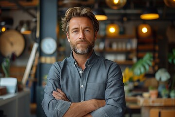 Fototapeta premium Portrait of a Middle-Aged Man With a Beard Standing in a Well-Lit Room