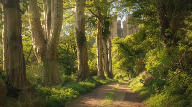 Lush forest path with ancient trees and distant castle, animation background loop
