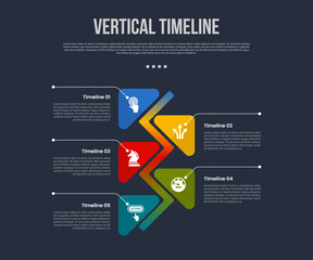 vertical timeline business report infographic with triangle round opposite direction with 5 point stage with modern dark style for slide presentation