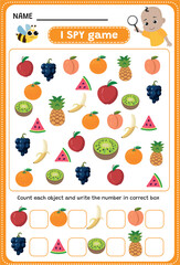 I SPY game. Find and count fruit. Educational children game. Printable worksheet.