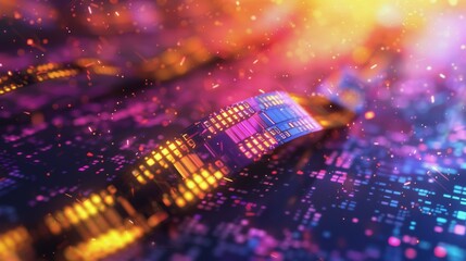 Abstract Digital Circuit Board With Neon Lights and Sparkles