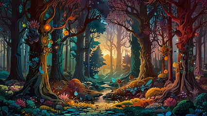 illustration of an abstract depiction of a magical fantasy wonderland forest