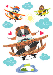 Animals pilots postcard. Raccoon and hedgehog in races at planes. Fantasy and imagination. Fairy tale for kids. Greeting card template. Flight and trip. Cartoon flat vector illustration
