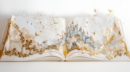 Magical Storybook with Golden Illustrations and Enchanting Castle Scene, Bringing Fantasy to Life