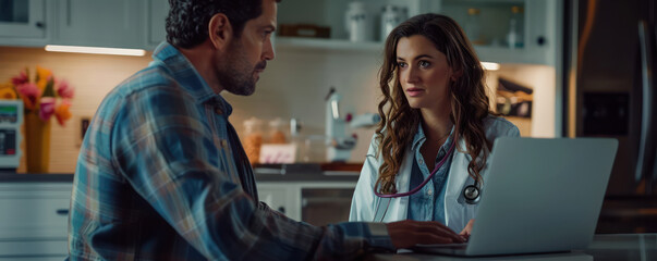 Obraz premium Doctor Explaining Vaccine Information to a Patient on a Laptop Telehealth and Immunization Guidance for Better Understanding Virtual Consultation Importance for Informed Health Decisions