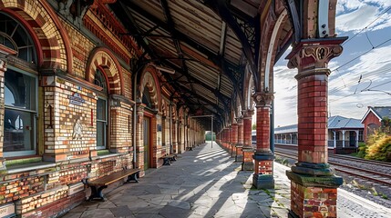 Fototapeta premium heritage railway station with ornate brickwork restored to its original splendor, serving as a portal to the city's past