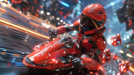 The red team in action, competing in a futuristic arena with high-tech gear and intense energy, highlighting the excitement and competitiveness of the event. Illustration, Minimalism,