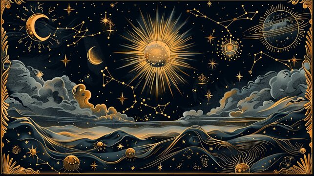 An astrology-themed illustration featuring intricate zodiac constellations, celestial symbols, and mystical elements, ideal for horoscopes or astrological content. Illustration, Minimalism,
