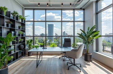 Fototapeta premium Modern Office Desk With City View and Plants
