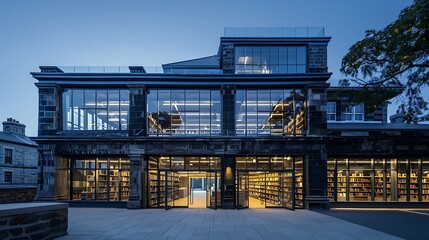 Obraz premium historic library with a facade of dark, weathered stone, providing a contrast to the modern glass extension that houses the reading rooms