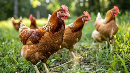 Brown Chickens Grazing in Lush Green Grass