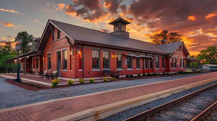 Fototapeta premium historic train depot with beautifully preserved red brick siding, now serving as a cultural center and community hub
