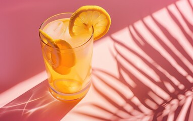 A refreshing glass of iced lemonade with a lemon slice, casting shadows from palm leaves on a pink background.