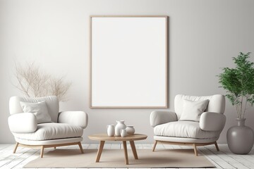 Comfortable grey armchair in elegant living room interior with white furniture and two wooden coffee tables.