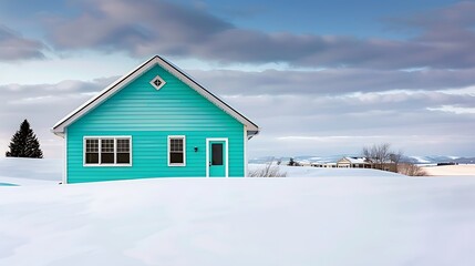 home featuring bright turquoise vinyl siding, standing out boldly against a landscape of fresh, white snow under crisp winter skies