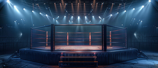 A mixed martial arts ring in a darkened room with powerful spotlights illuminating the octagon.