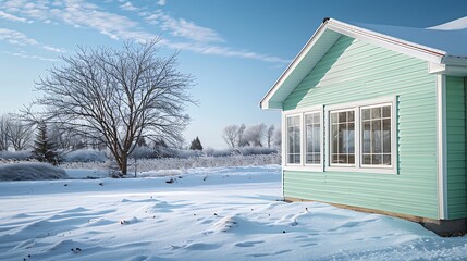 home featuring vinyl siding in bright mint green, reflecting the sparse winter light and adding a fresh, cheerful touch to the snowy landscape