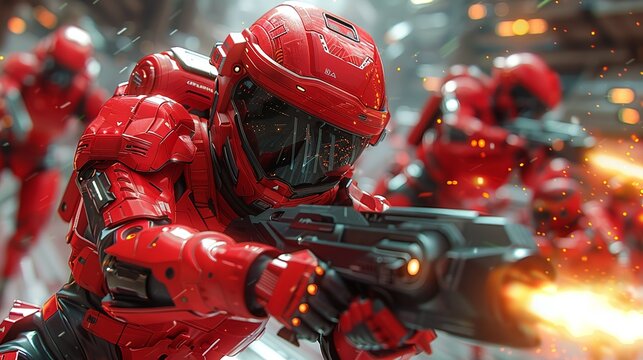 The red team in action, competing in a futuristic arena with high-tech gear and intense energy, highlighting the excitement and competitiveness of the event. Illustration, Minimalism,
