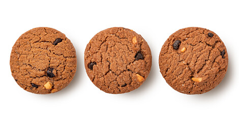 Chocolate chip cookies isolated on white background. Top view