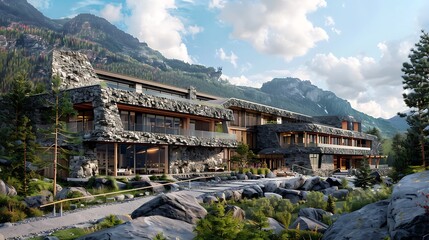 luxurious mountain resort with stone siding that mimics the geological strata of its surroundings, blending luxury with nature